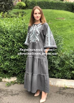 Платье бояное-1 серое с вышивкой льняное, галерея льна, 44-54рр.2 фото