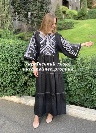 Платье бояное-1 черная с вышивкой льняное, галерея льна, 44-54рр.4 фото