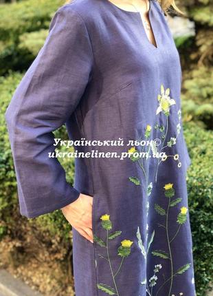 Платье мадина серо-синее с вышивкой льняное, галерея льна, 52р.4 фото