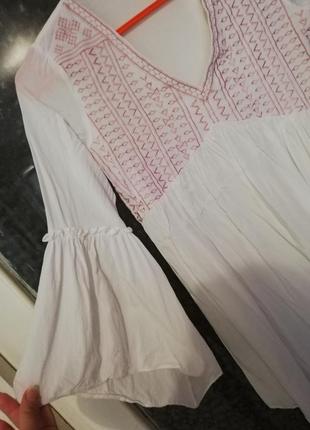 Платье турника шелк длинный рукав клеш вышивка женская вышиванка белое свободное для беременных
