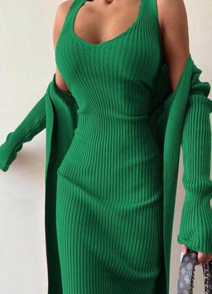 Женский зеленый летний костюм кардиган+платье рубчик турция тренд 2023