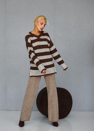 Джемпер женский в полоску вязанный удлиненный джемпер с v вырезом качественный полосатый пуловер из мохера5 фото
