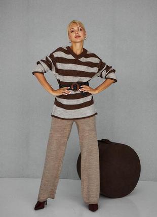 Джемпер жіночий в смужку подовжений джемпер з v вирізом якісний смугастий пуловер з мохера9 фото