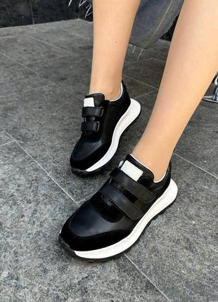 Стильні чорні кросівки жіночі на заліпках,демі,на липучках,весняні-осінні,шкіра+замша,жіноче взуття2 фото