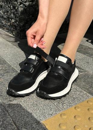 Стильные черные кроссовки женские на завязках, деми, на липучках, весенние-осенние,кожа+замша,женская обувь4 фото