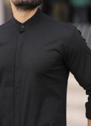 Мужская чёрная рубашка без воротника чорна класична сорочка без коміра3 фото