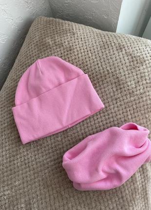 Шапка розовая цвет барби розовый комплект набор с хомутом для девочки осенняя на осень