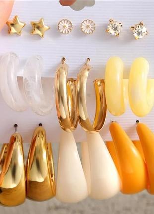 9 пар крупные массивные трендовые женские серьги серёжки золото