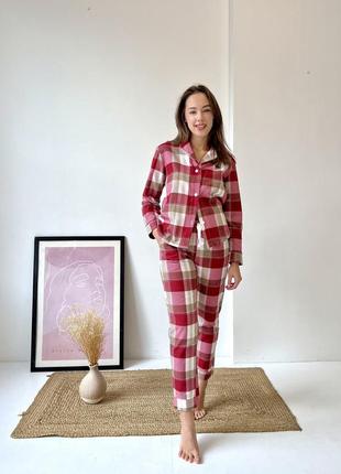 Жіноча піжама фланель у клітинку cosy штани+сорочка червоно-білий
