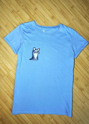 Fsbn sister голубая коттоновая футболка с оригинальным рисунком акриловыми красками,
 ручная работа3 фото