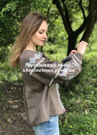 Блуза инес коричневая с вышивкой, льняная, галерея льна, 40-52рр.6 фото