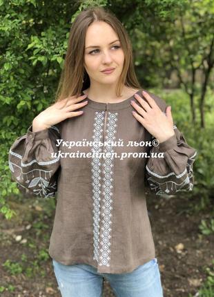 Блуза инес коричневая с вышивкой, льняная, галерея льна, 40-52рр.4 фото