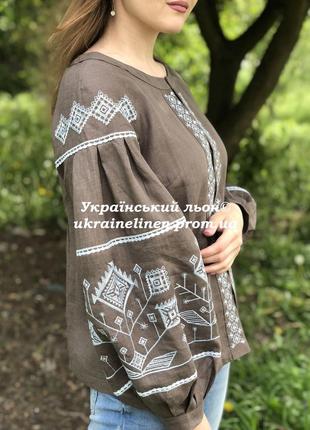 Блуза инес коричневая с вышивкой, льняная, галерея льна, 40-52рр.7 фото