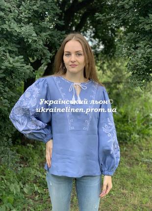 Блуза ося голубая с вышивкой, льняная, галерея льна, 40-52рр.5 фото