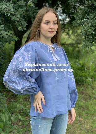 Блуза ося голубая с вышивкой, льняная, галерея льна, 40-52рр.2 фото