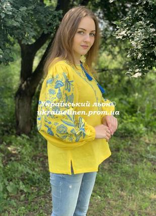 Блуза ося желтая с вышивкой, льняная, галерея льна, 40-52рр.3 фото