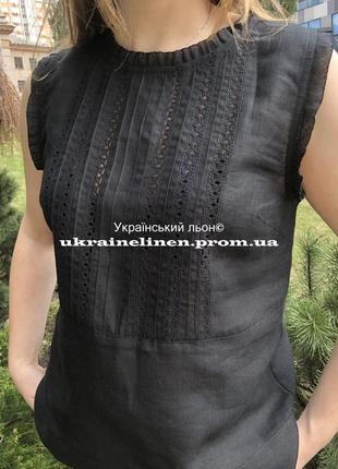 Блуза дзига черная с вышивкой, льняная, галерея льна, 44-54р.2 фото
