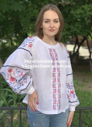 Блуза сабина белая с вышивкой, льняная, галерея льна, 40-52р.