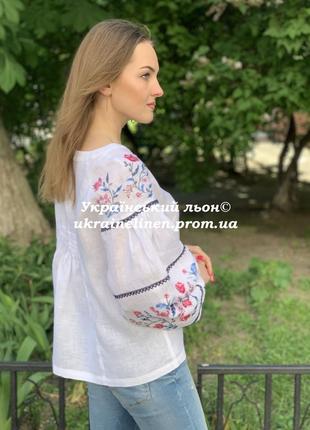 Блуза сабина белая с вышивкой, льняная, галерея льна, 40-52р.