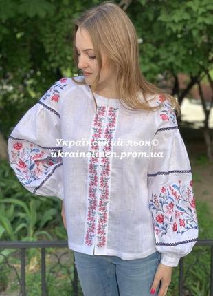 Блуза сабина белая с вышивкой, льняная, галерея льна, 40-52р.