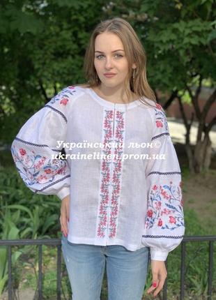 Блуза сабина белая с вышивкой, льняная, галерея льна, 40-52р.