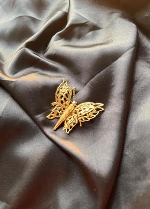 Вінтажний моне філігрань метелик брошка, подвійний крилатий 1.5" золотий тон1 фото