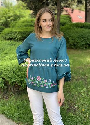 Блуза гандзя зеленая с вышивкой, льняная, галерея льна, 40-52р.
