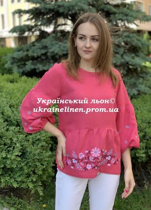 Блуза гандзя малина с вышивкой, льняная, галерея льна, 40-52р.1 фото