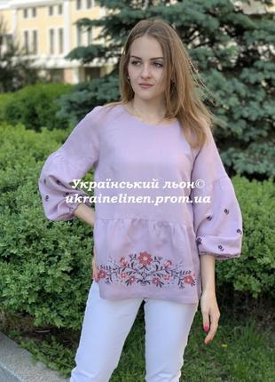 Блуза гандзя розовая с вышивкой, льняная, галерея льна, 40-52р.