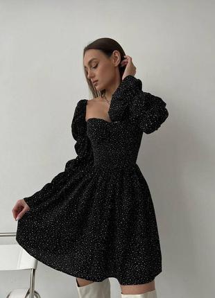 Трендовое короткое платье в горошек с длинными фигурными рукавами с имитацией корсета обильная юбка платья черная белая8 фото