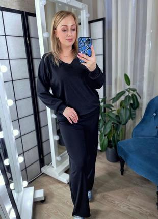 Женский костюм в рубчик кофта пуловер штаны прямые широкие палаццо черный шоколадный бежевый малина электрик мокко синий зелёный голубой