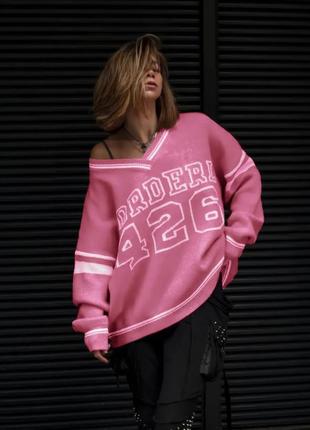Женский розовый барби оверсайз модный топовый свитер с белой надписью 2023