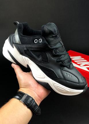 Женские кроссовки nike м2k tekno кожаные черные белые серые