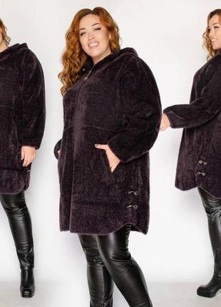 Жіноче коротке пальто з альпаки з капюшоном4 фото