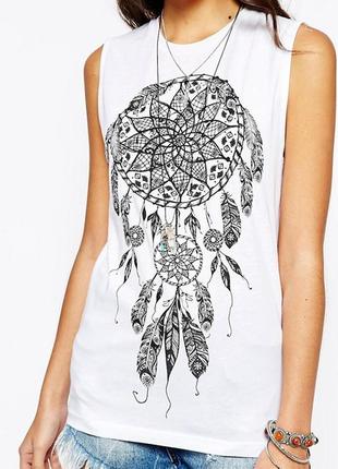 Стильна майка. прин "ловець снів". майка . футболка. блузка. біла майка. стильний принт