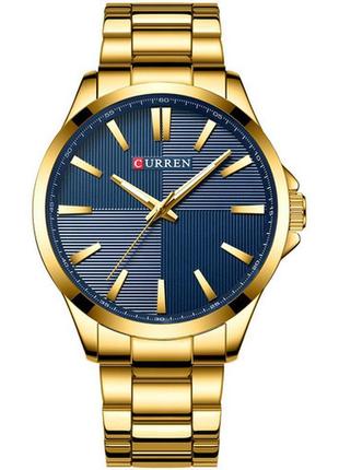 Мужские классические часы curren 8322 золотистые с синим циферблатом