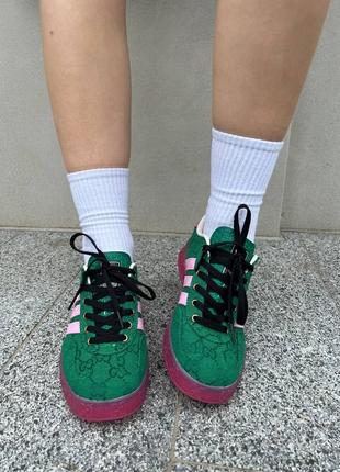 Женские кроссовки зеленые с розовым gucc1 x adidas logo green pink2 фото
