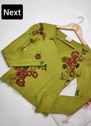 Джемпер женский зеленого цвета в цветочный принт укороченный от бренда next xs s1 фото
