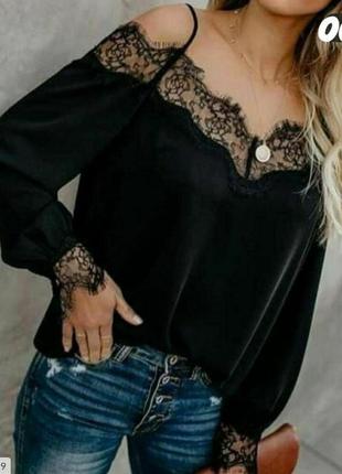 Блузка жіноча красива ошатна вечірня вільного фасону довгий рукав з мереживом та відкриті плечі арт 80315 фото
