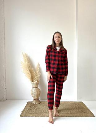 Жіноча піжама фланель у клітинку cosy штани+сорочка червоний-чорний f71p