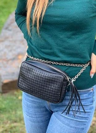 Сумка-косметичка женская кожаная, черная "венетто" 7016