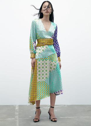 Атласное платье zara в стиле печворк xl 46-48