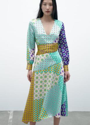 Атласное платье zara в стиле печворк xl 46-484 фото