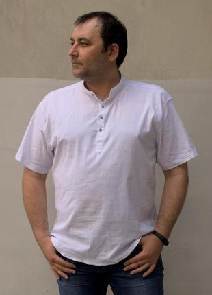 Мужская белая рубашка на лето воротничок стойкая батал3 фото