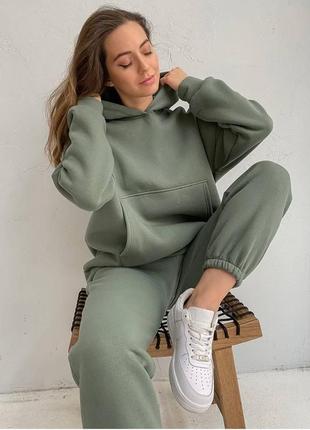 Женский спортивный костюм с капюшоном на флисе с удлиненным худи 42-44, 44-46 / бежевый, оливковый, черный