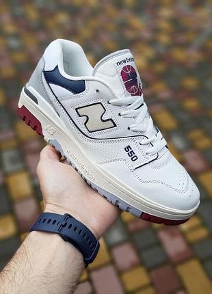 New balance 550 білі з бордовим кросівки чоловічі шкіряні топ нью баланс кеди осінні