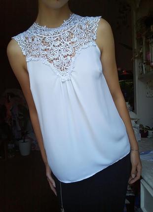 Белая блузка с кружевом, сврболная блуза кружевная, ажурная блузка белоснежная, нарядная блузка майка3 фото