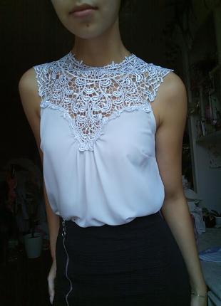 Біла блузка з мереживом, сверблячка блуза мереживна, ажурна блузка білосніжна, ошатна блузка майка