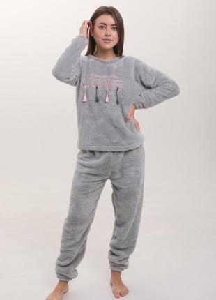 Сіра плюшева махрова тепла піжама/домашній костюм кофта і штани 42-50