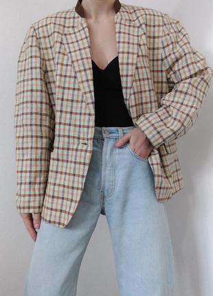 Винтажный пиджак в клетку жакет льняной блейзер винтаж пиджак льняной блейзер клетка пиджак беж1 фото